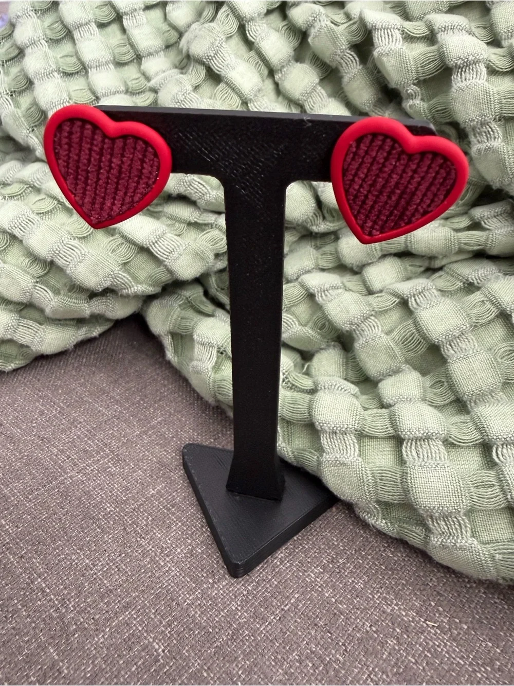 Oversized Red Heart Textured Fabric Statement Stud Earrings